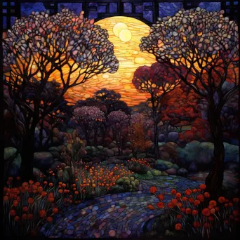 Stained glass mosaic of a secluded garden bathed in twilight during fall - Image 1