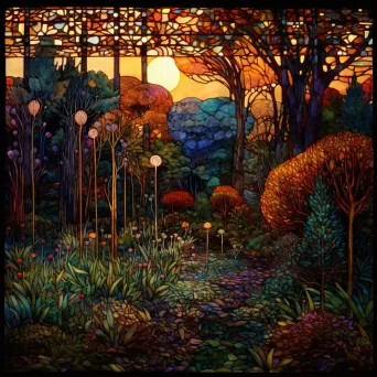 Stained glass mosaic of a secluded garden bathed in twilight during fall - Image 2