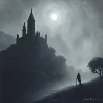 Ancient castle shrouded in mist under moonlight - Image 1