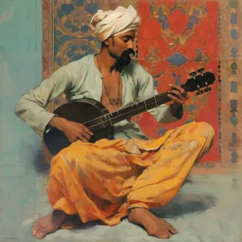 Image of a musician playing a hybrid instrument of sitar and guitar - Image 3