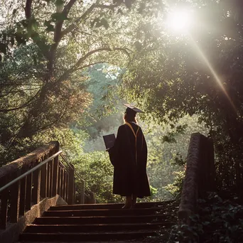 Thoughtful graduate on staircase with diploma - Image 1