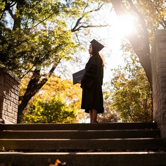 Thoughtful graduate on staircase with diploma - Image 4