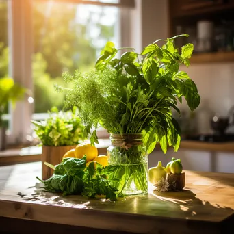 Close-up of fresh organic herbs in a glass vase on a kitchen counter with afternoon light. - Image 2