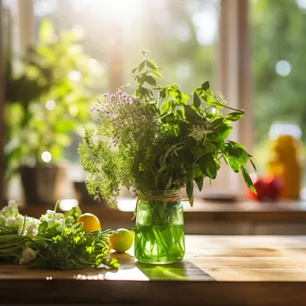 Close-up of fresh organic herbs in a glass vase on a kitchen counter with afternoon light. - Image 4