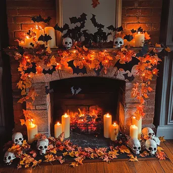 Halloween mantle with wood, candles, and spooky decor - Image 3