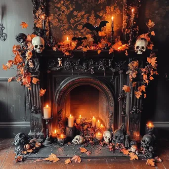 Halloween mantle with wood, candles, and spooky decor - Image 4