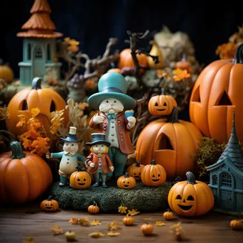 Colorful Halloween display with pumpkins and spooky figures - Image 2