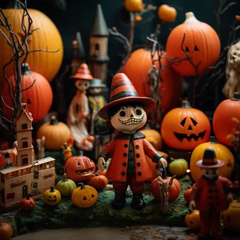 Colorful Halloween display with pumpkins and spooky figures - Image 3