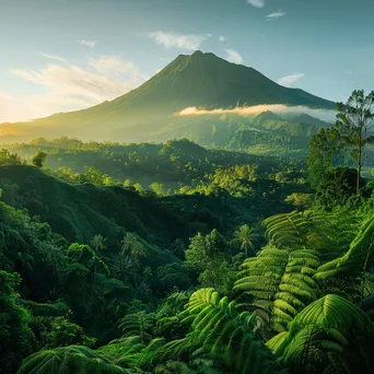 Panoramic shot of a dormant volcano with greenery at golden hour - Image 1