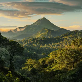 Panoramic shot of a dormant volcano with greenery at golden hour - Image 3