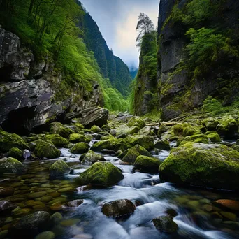 Babbling mountain stream flowing alongside moss-covered rocks and granite cliffs. - Image 1