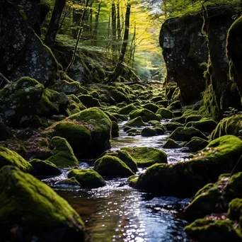 Babbling mountain stream flowing alongside moss-covered rocks and granite cliffs. - Image 3