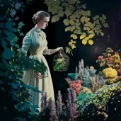 Image of woman collecting herbs in thriving garden - Image 1