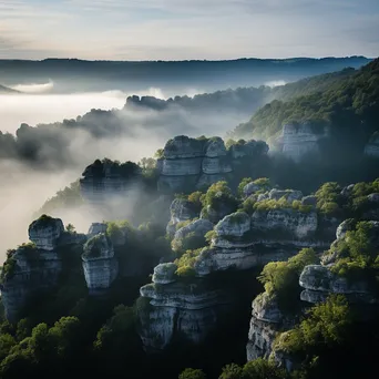 Limestone rock formations at dawn with mist in the valleys. - Image 2