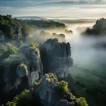 Limestone rock formations at dawn with mist in the valleys. - Image 3