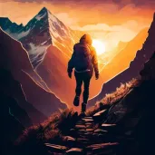 Woman hiking up rugged mountain trail with majestic sunrise in background - Image 2