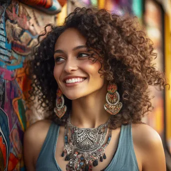 Close-up of a smiling young woman from a multicultural background in front of a colorful mural - Image 1