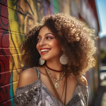 Close-up of a smiling young woman from a multicultural background in front of a colorful mural - Image 2