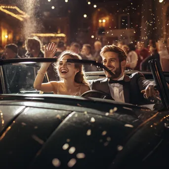 Newlyweds waving goodbye while driving away in vintage car. - Image 3