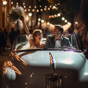 Newlyweds waving goodbye while driving away in vintage car. - Image 4