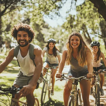 Diverse friends cycling through a park on a sunny day - Image 1