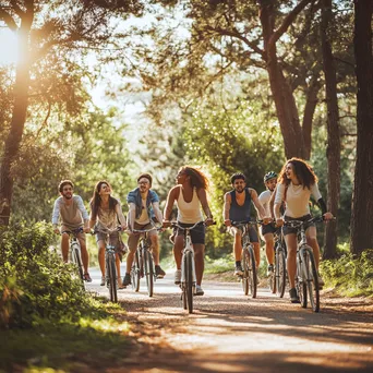 Diverse friends cycling through a park on a sunny day - Image 4