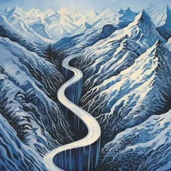 Aerial perspective of a winding road through snowy mountains - Image 1