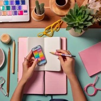 Influencer planning content on vibrant desk - Image 4