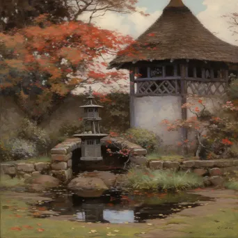 Image of a tranquil autumn garden with a Japanese maple tree and red leaves - Image 2