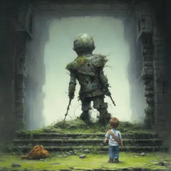 Illustration of a child looking at a decaying statue in a mossy state - Image 1