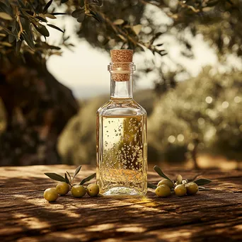 Bottle of fresh olive oil with ripe olives and leaves on a wooden table. - Image 1