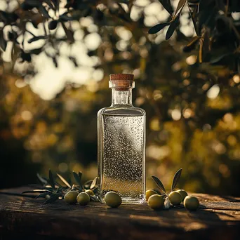 Bottle of fresh olive oil with ripe olives and leaves on a wooden table. - Image 3