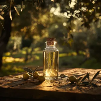 Bottle of fresh olive oil with ripe olives and leaves on a wooden table. - Image 4