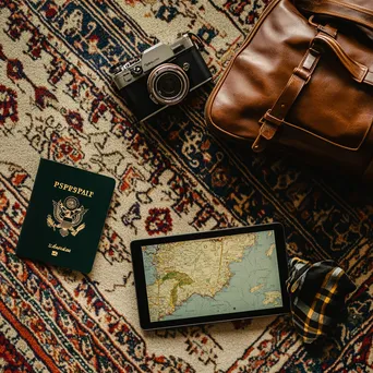 Travel essentials arranged on a patterned carpet including a tablet and passport. - Image 1