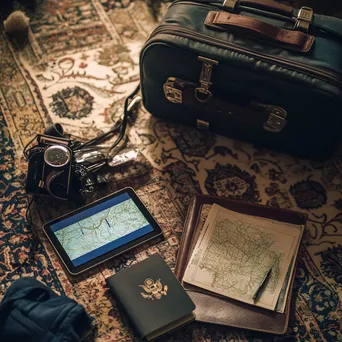 Travel essentials arranged on a patterned carpet including a tablet and passport. - Image 4