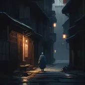 Solitary figure walking through an empty, cobblestone street in a quaint, sleeping town in an image generated by a prompt. - Image 1