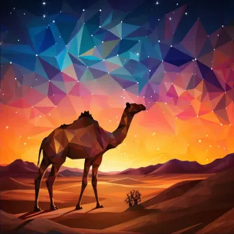 Geometric representation of a camel silhouette in desert at night in low poly style - Image 2