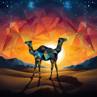 Geometric representation of a camel silhouette in desert at night in low poly style - Image 3