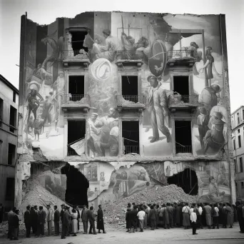 Vibrant mural on a war-torn building portraying peace and unity amid destruction - Image 3