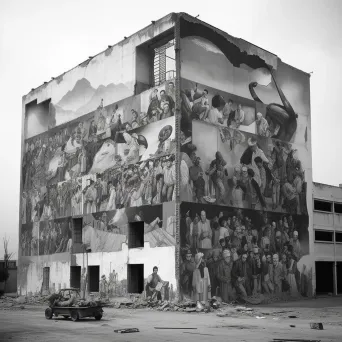 Vibrant mural on a war-torn building portraying peace and unity amid destruction - Image 4