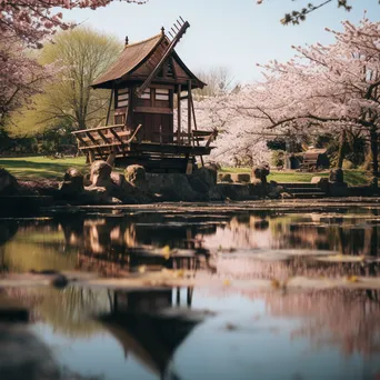 Japanese Windmill in Cherry Blossom Garden