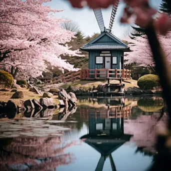 Japanese windmill within a cherry blossom garden - Image 4