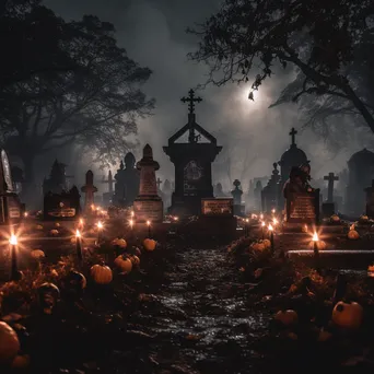 Foggy graveyard with tombstones and glowing jack-o