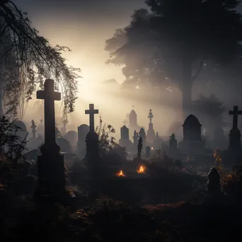 Foggy graveyard with tombstones and glowing jack-o