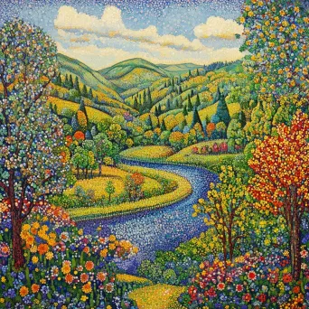 Pointillist Valley with a Winding River