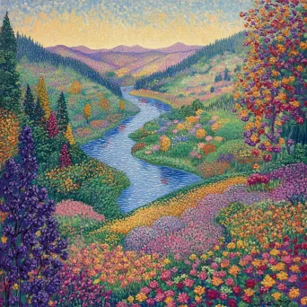 Pointillistic landscape of a serene valley with a winding river, framed by lush vibrant flora - Image 4