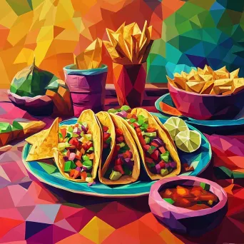 Bold depiction of a Mexican fiesta with tacos and nachos in low poly style - Image 1