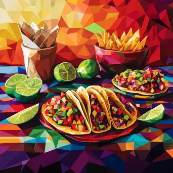 Bold depiction of a Mexican fiesta with tacos and nachos in low poly style - Image 4