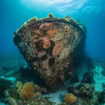 Submerged ancient ship hull with barnacles and corals underwater - Image 1