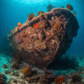 Submerged ancient ship hull with barnacles and corals underwater - Image 3